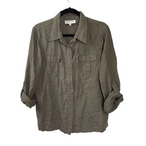 JONES NEW YORK Linen Button Front Roll Sleeve Blouse Army Green L
